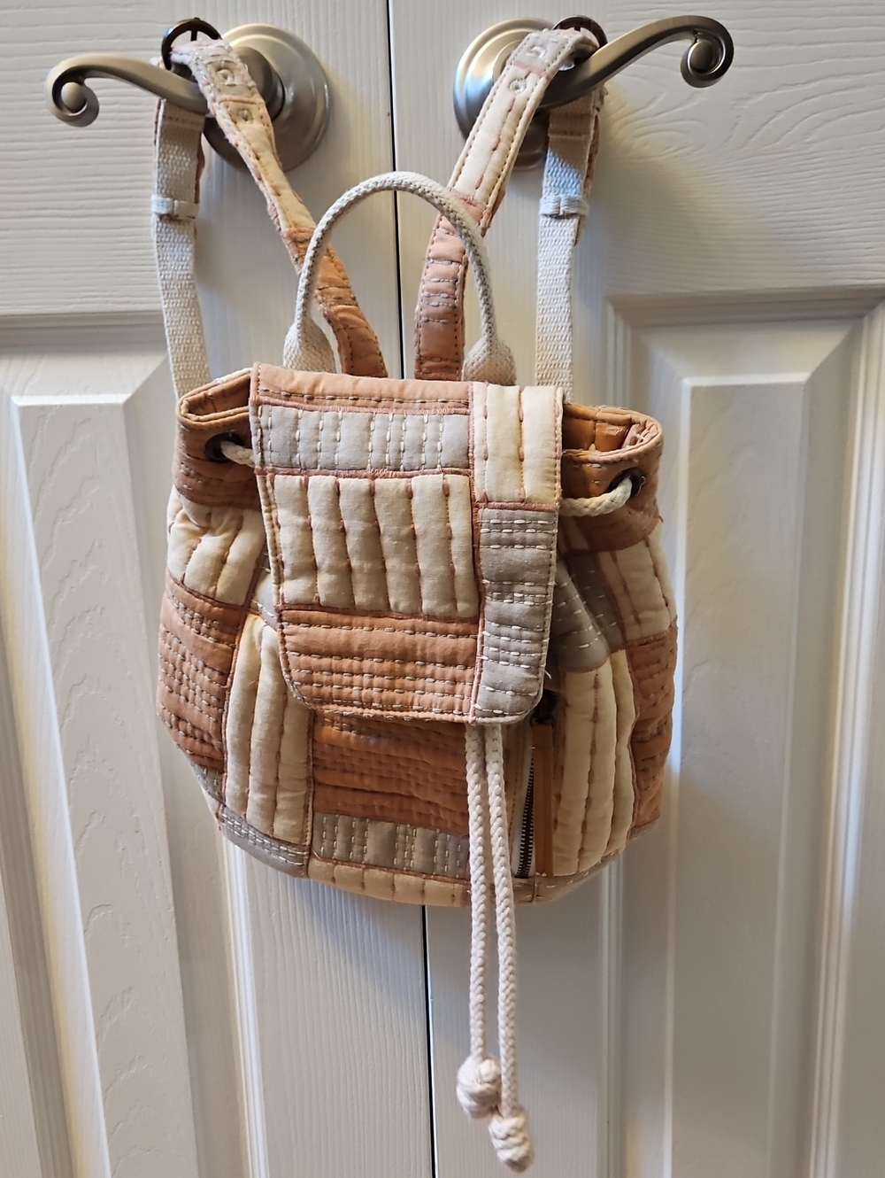 Quilted Patchwork Mini Backpack - Cream & Tan